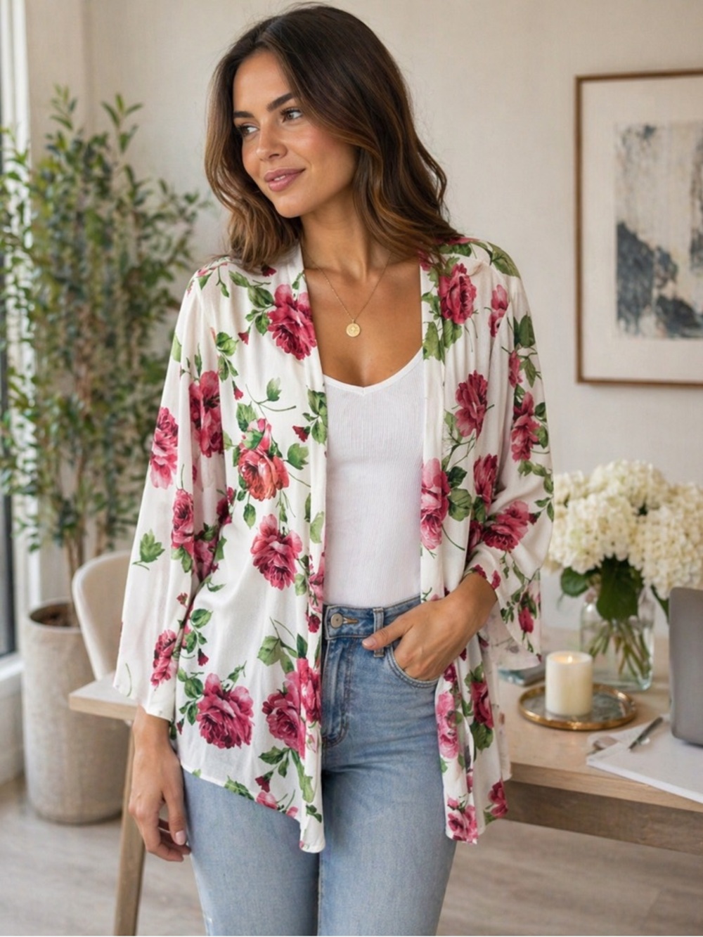 Floral Kimono Wrap - White and Red